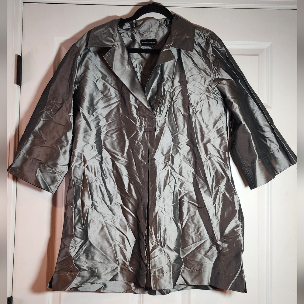Sutton Studio Shiny Metallic Gray 3/4 Sleeve Top L